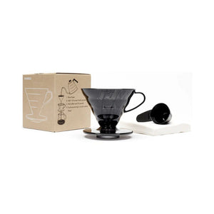 
                  
                    Load image into Gallery viewer, HARIO COFFEE DRIPPER V60 02 WITH FILTERS &amp;amp; SCOOP - BLACK PLASTIC
                  
                